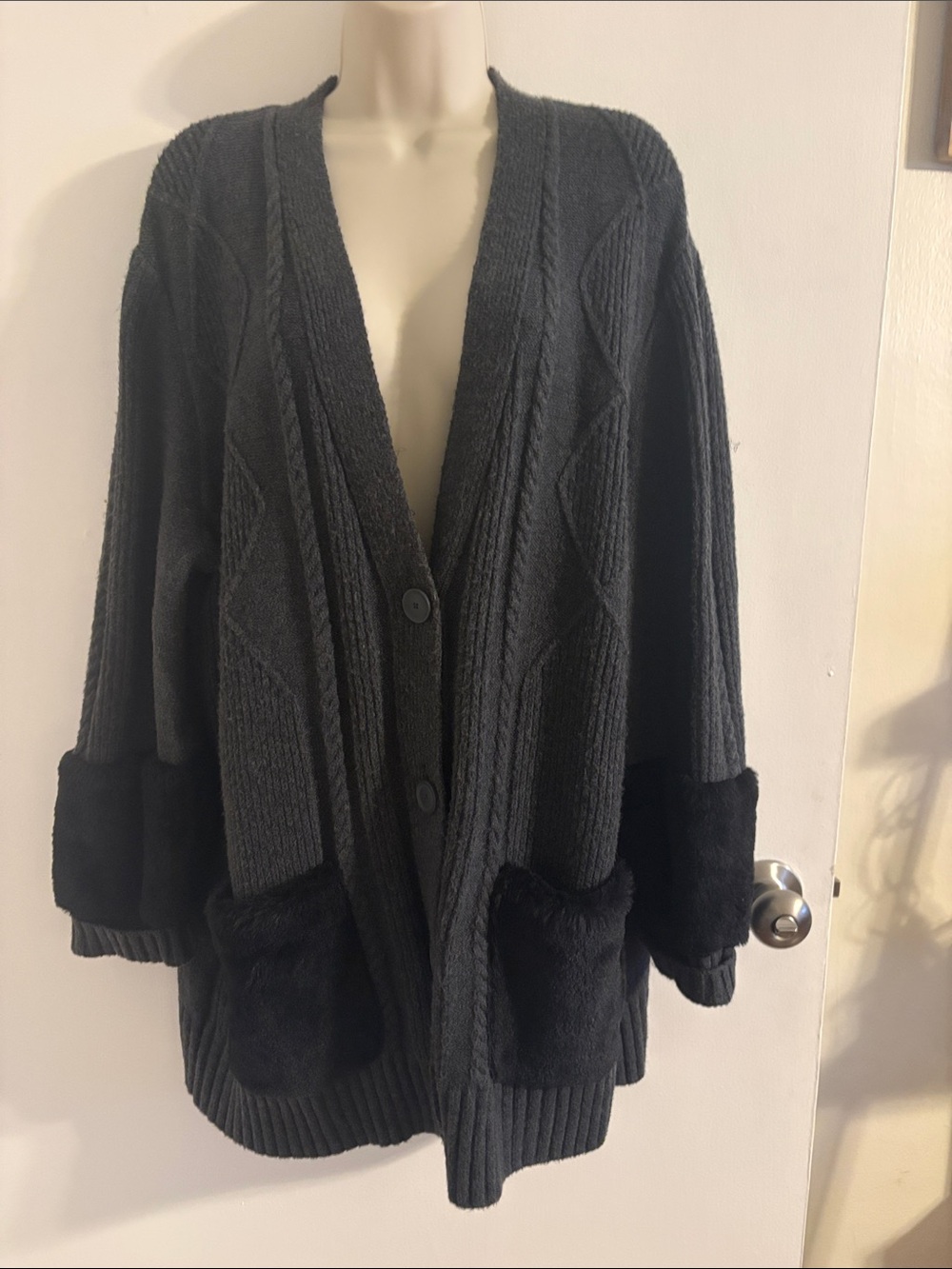 Vera Wang Black Cable Knit Cardigan with Faux Fur Trim